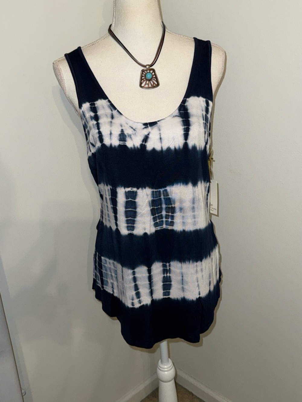 Saint Tropez West Navy and White Tie-Dye Scoop Neck Tank
